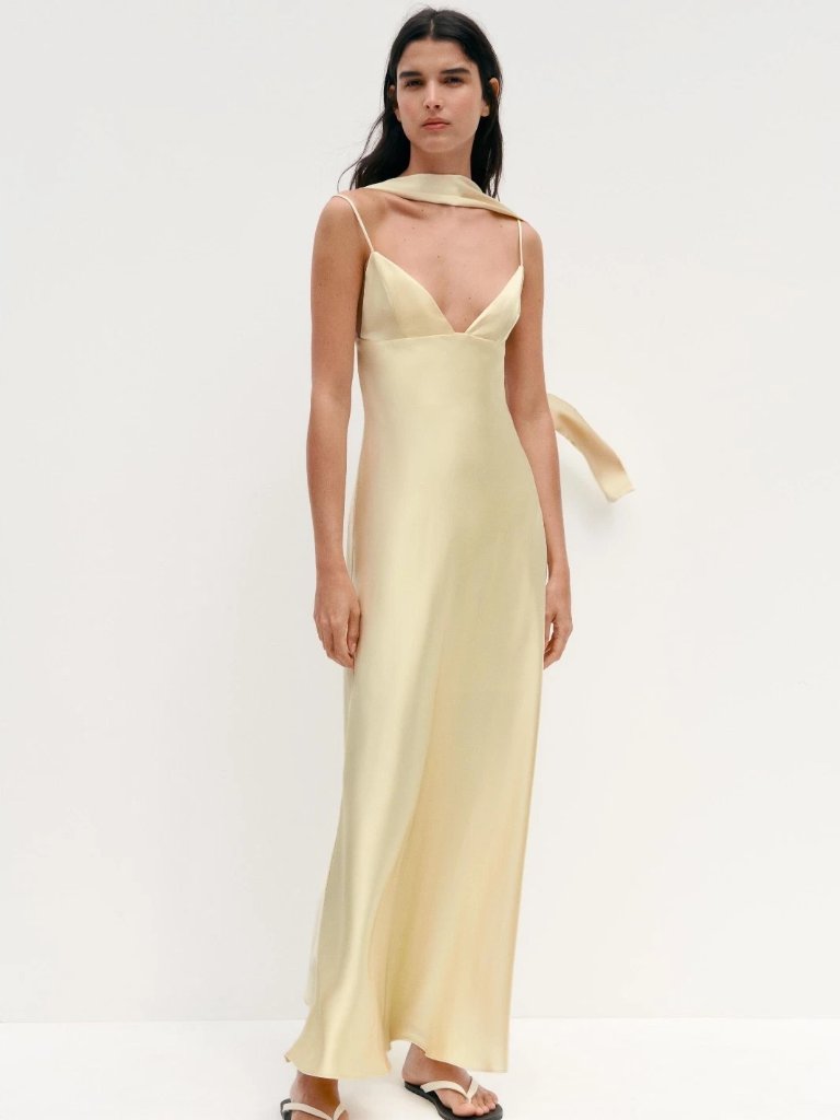Zara New Fw25 Woman Satin Effect Foulard Dress - Vanilla